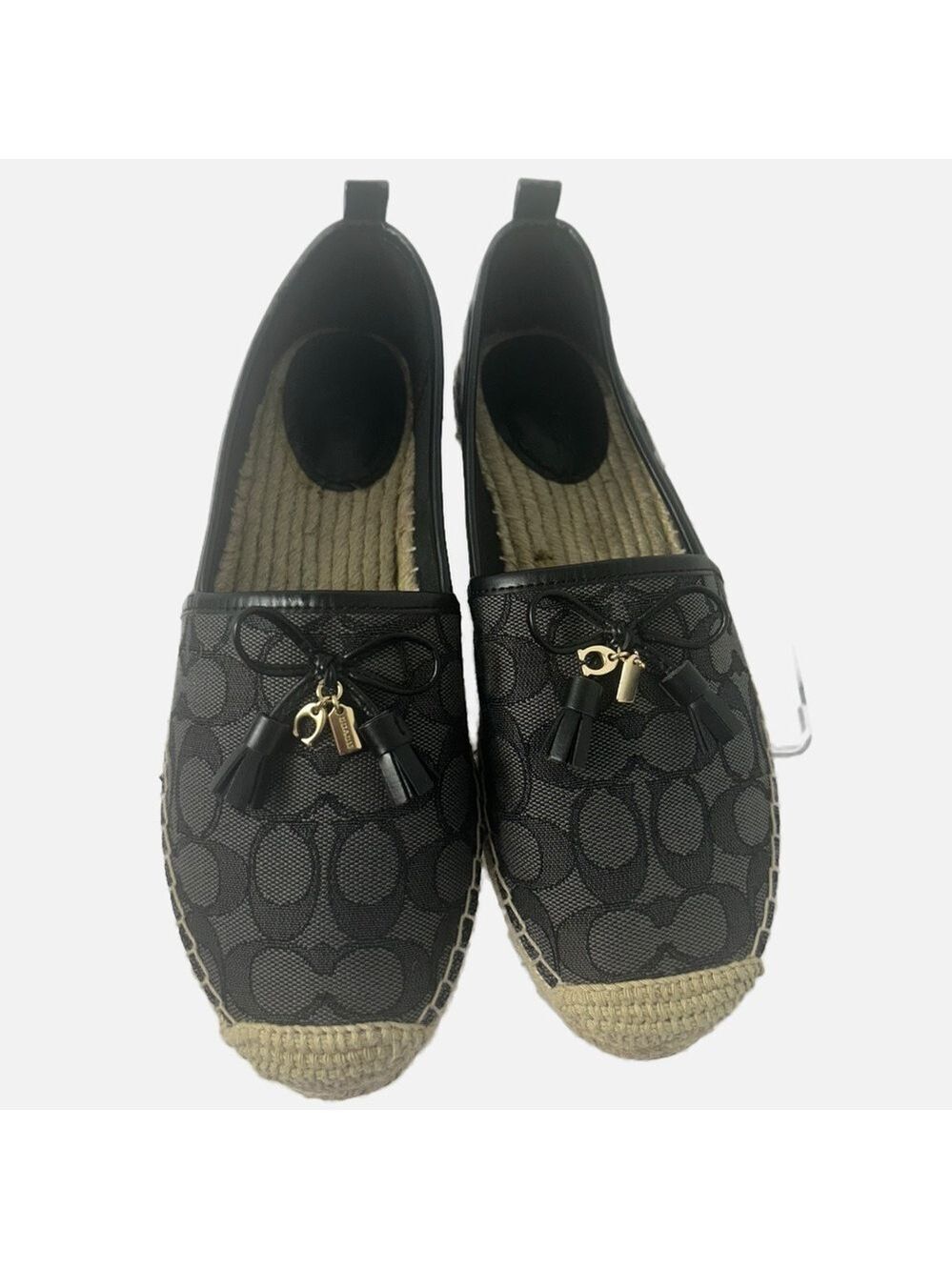 Coach Black Espadrille Flats Leather Tie Logo Resort Summer Coastal US 6